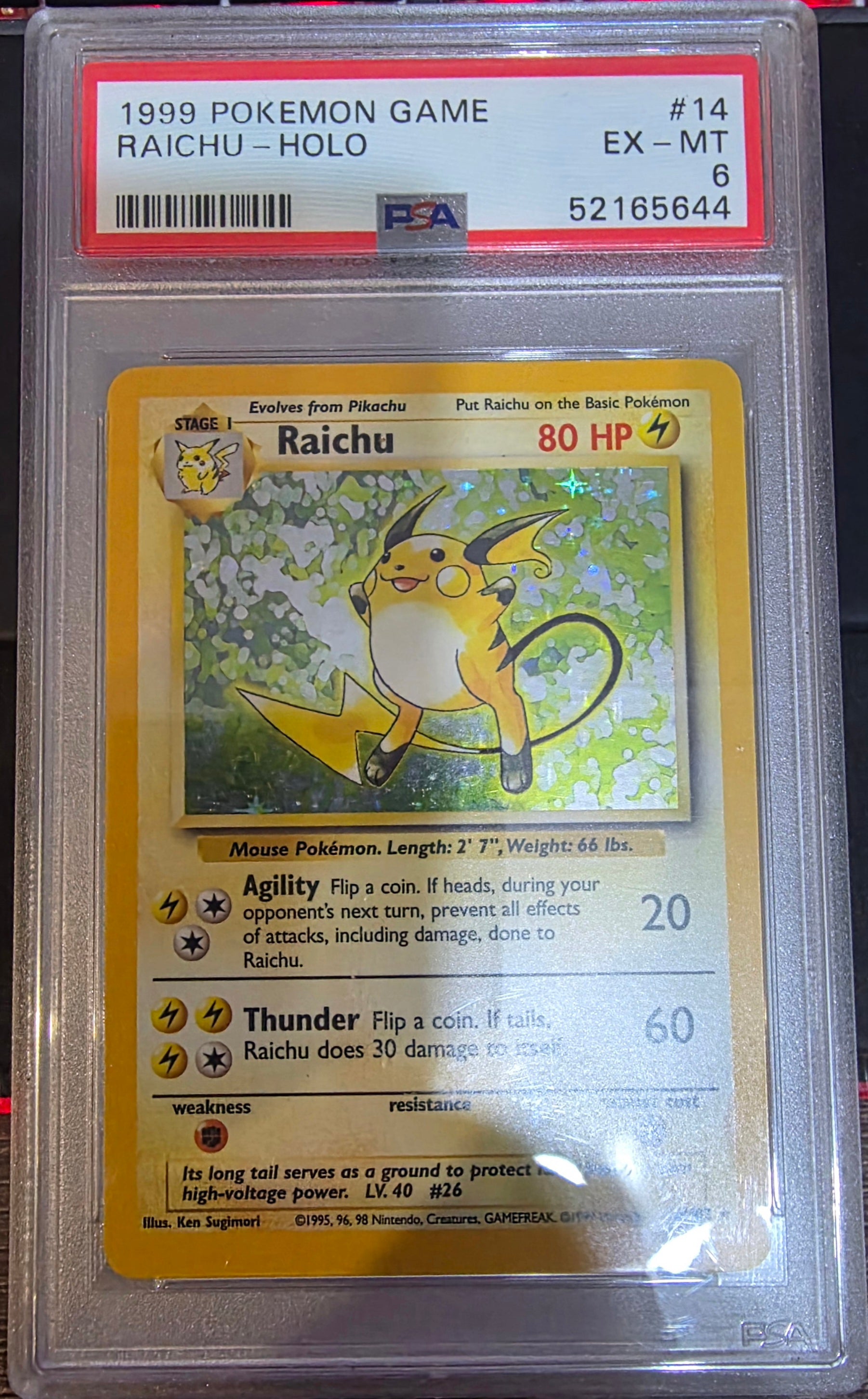 PSA 6 1999 Pokémon Base Set Unlimited #14 RAICHU-HOLO
